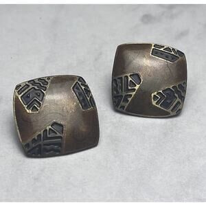 Vintage Edgar Berebi Post Earrings Square Bronze Enamel 1" Retro 80s 90s Estate